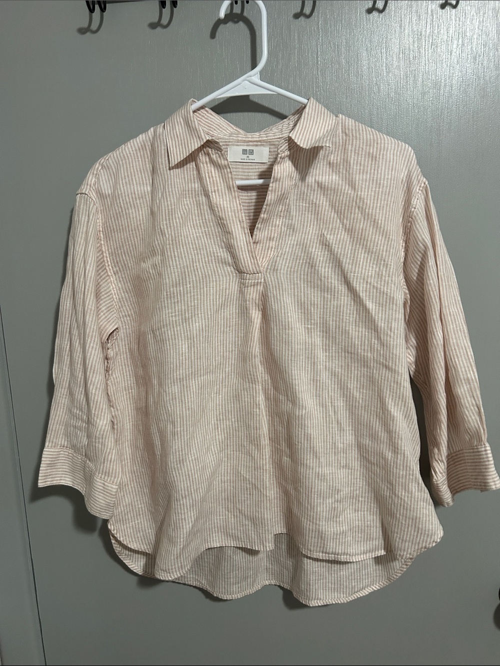 UNIQLO Women's Beige Stripe 100% Linen Relaxed Shirt Size XS Lagenlook Boho